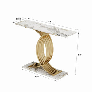 English Elm Accent Console Table with Gold X-Base and Stone-Texture Top for Elegant Entryways W2263P483108