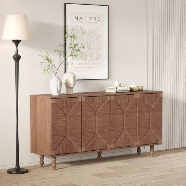 English Elm Accent Seagrass Door Sideboard Solid Wood Buffet Cabinet for Dining Room Entryway W2263P493387