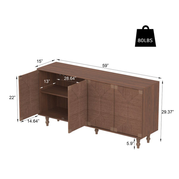 English Elm Accent Seagrass Door Sideboard Solid Wood Buffet Cabinet for Dining Room Entryway W2263P493387