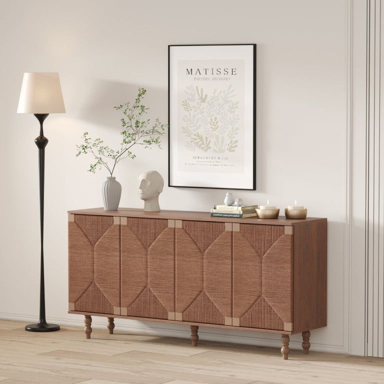 English Elm Accent Seagrass Door Sideboard Solid Wood Buffet Cabinet for Dining Room Entryway W2263P493387