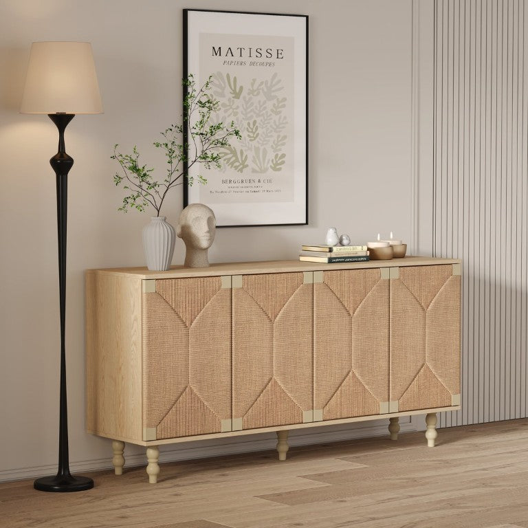 English Elm Accent Seagrass Door Sideboard with Wire-Brushed Wood Finish for Dining or Entryway W2263P500100