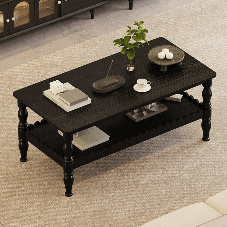 English Elm Rectangle Two Tier Farmhouse Coffee Table Turned Legs Wave Shelf Living Room Accent W2263P500194