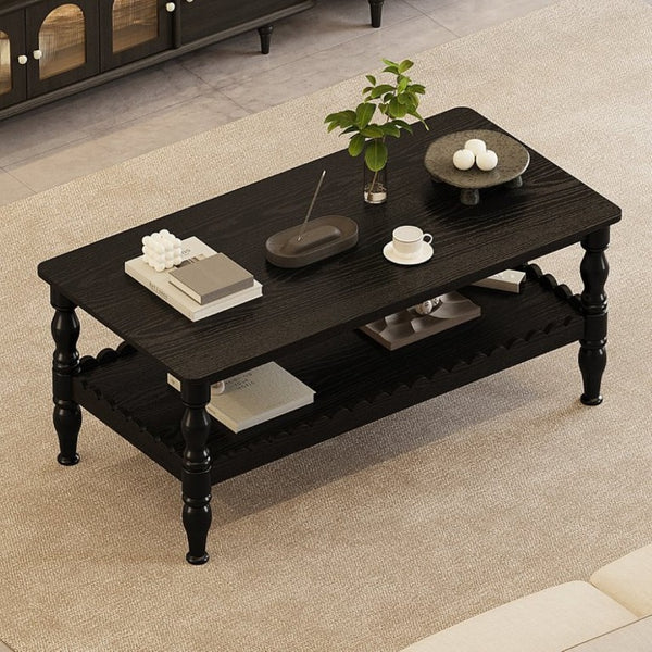 English Elm Rectangle Two Tier Farmhouse Coffee Table Turned Legs Wave Shelf Living Room Accent W2263P500194