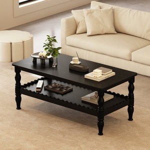 English Elm Rectangle Two Tier Farmhouse Coffee Table Turned Legs Wave Shelf Living Room Accent W2263P500194