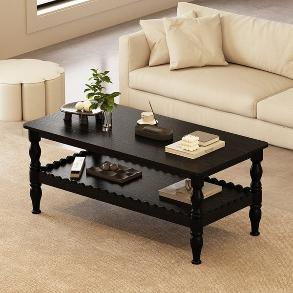 English Elm Rectangle Two Tier Farmhouse Coffee Table Turned Legs Wave Shelf Living Room Accent W2263P500194