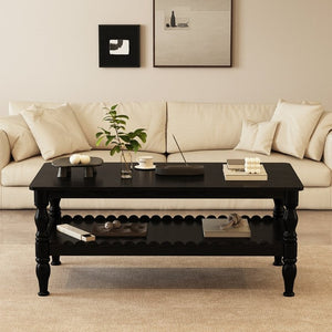 English Elm Rectangle Two Tier Farmhouse Coffee Table Turned Legs Wave Shelf Living Room Accent W2263P500194
