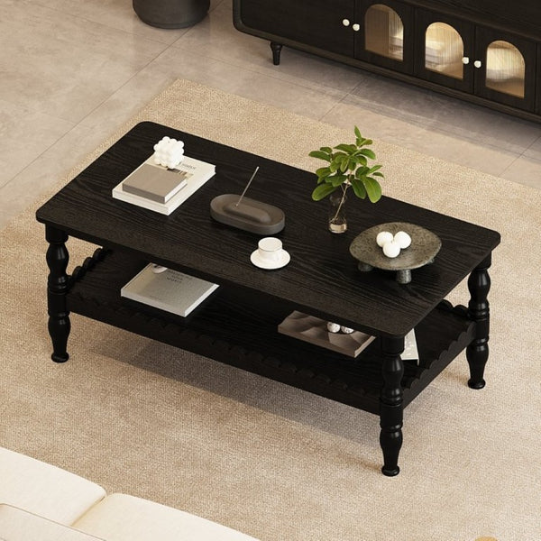 English Elm Rectangle Two Tier Farmhouse Coffee Table Turned Legs Wave Shelf Living Room Accent W2263P500194