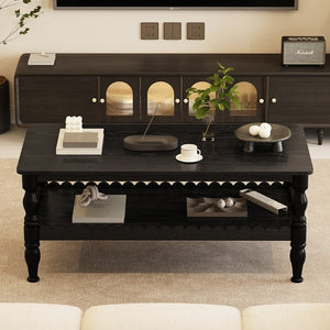 English Elm Rectangle Two Tier Farmhouse Coffee Table Turned Legs Wave Shelf Living Room Accent W2263P500194
