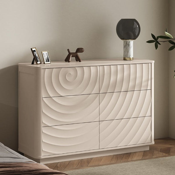 English Elm 6 Drawer Solid Wood Dresser with Sculpted Ripple Fronts for Bedroom or Nursery Off White W2263P503293