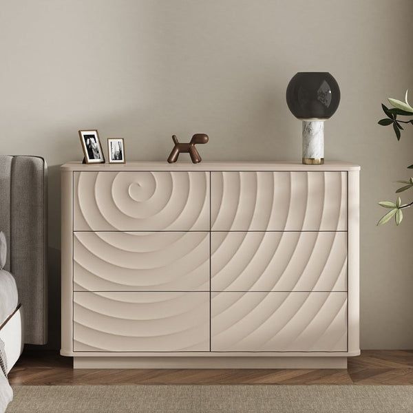 English Elm 6 Drawer Solid Wood Dresser with Sculpted Ripple Fronts for Bedroom or Nursery Off White W2263P503293