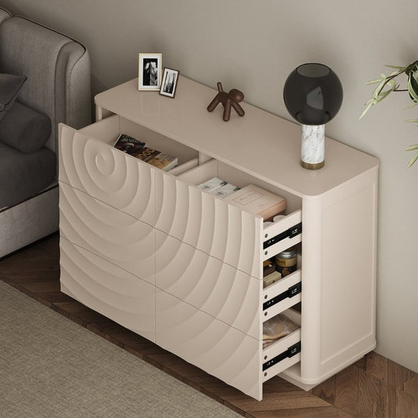 English Elm 6 Drawer Solid Wood Dresser with Sculpted Ripple Fronts for Bedroom or Nursery Off White W2263P503293