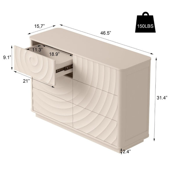 English Elm 6 Drawer Solid Wood Dresser with Sculpted Ripple Fronts for Bedroom or Nursery Off White W2263P503293