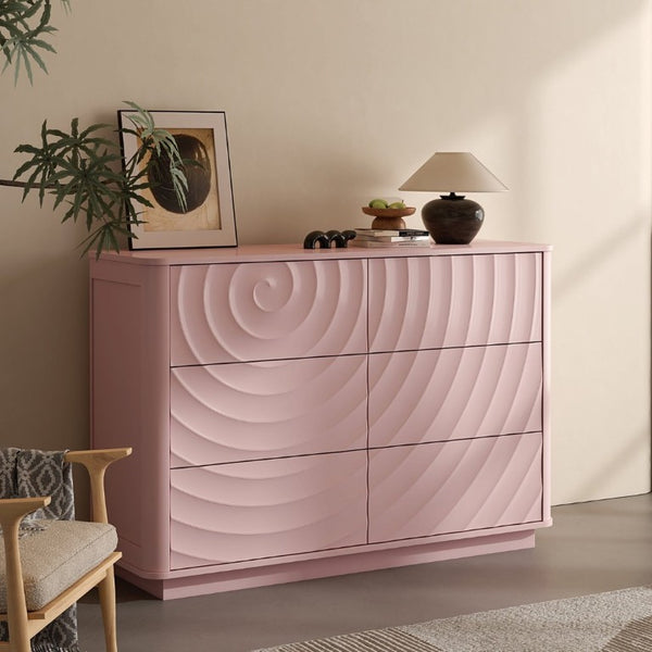 English Elm 6 Drawer Solid Wood Dresser with Sculpted Ripple Fronts for Bedroom or Nursery Pink W2263P503294