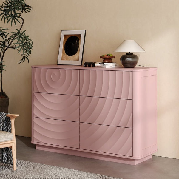 English Elm 6 Drawer Solid Wood Dresser with Sculpted Ripple Fronts for Bedroom or Nursery Pink W2263P503294