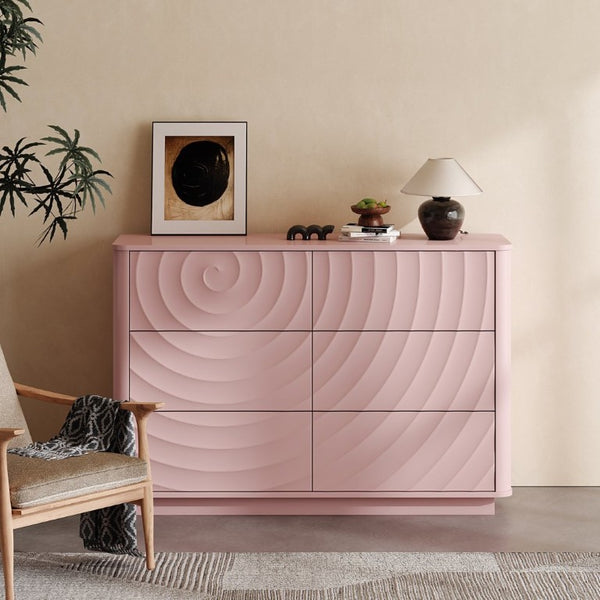 English Elm 6 Drawer Solid Wood Dresser with Sculpted Ripple Fronts for Bedroom or Nursery Pink W2263P503294