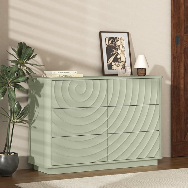 English Elm 6 Drawer Solid Wood Dresser with Sculpted Ripple Fronts for Bedroom or Nursery Sage Green W2263P503295