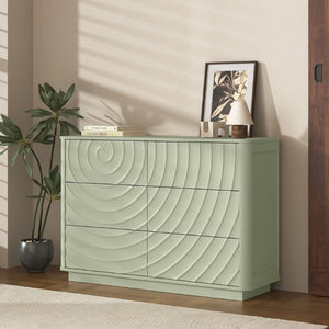 English Elm 6 Drawer Solid Wood Dresser with Sculpted Ripple Fronts for Bedroom or Nursery Sage Green W2263P503295