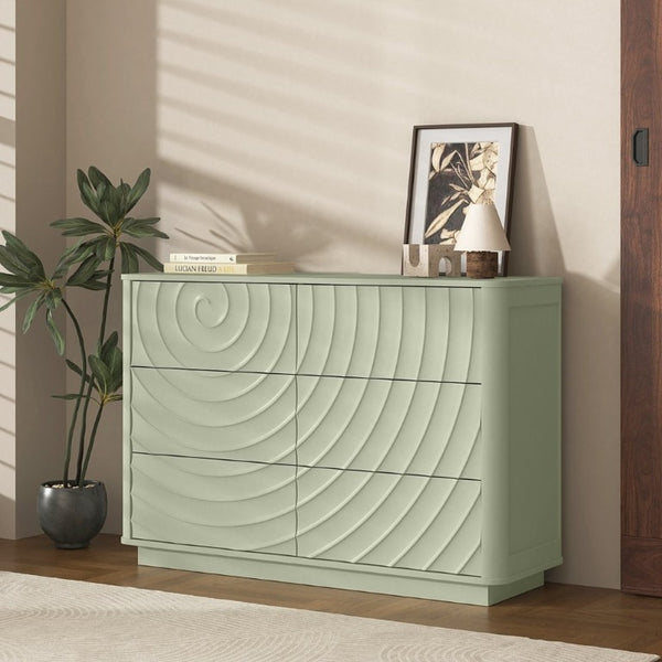 English Elm 6 Drawer Solid Wood Dresser with Sculpted Ripple Fronts for Bedroom or Nursery Sage Green W2263P503295