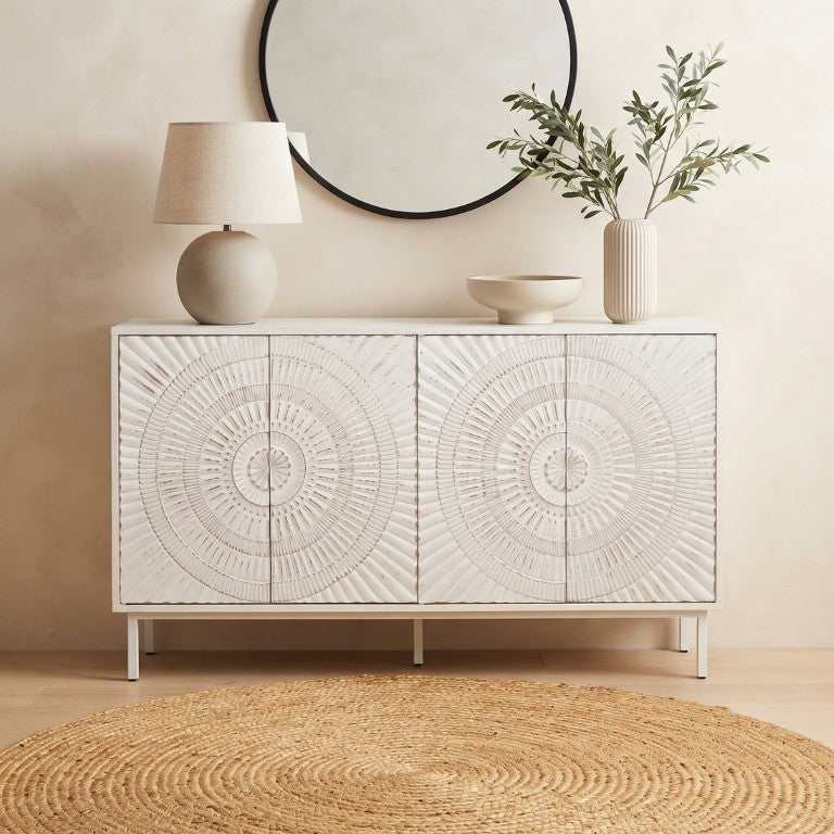 English Elm Shabby Chic Distressed White Wood Buffet Sunburst Door Farmhouse Dining Storage Cabinet W2263P503296