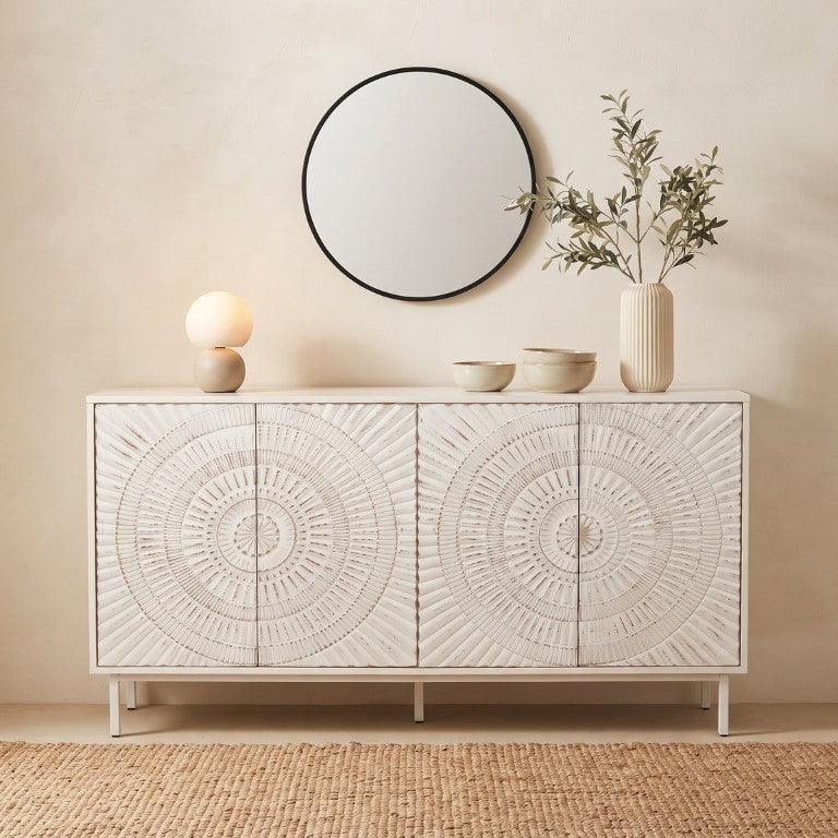 English Elm Shabby Chic Distressed White Wood Buffet Sunburst Door Farmhouse Dining Storage Cabinet W2263P503296