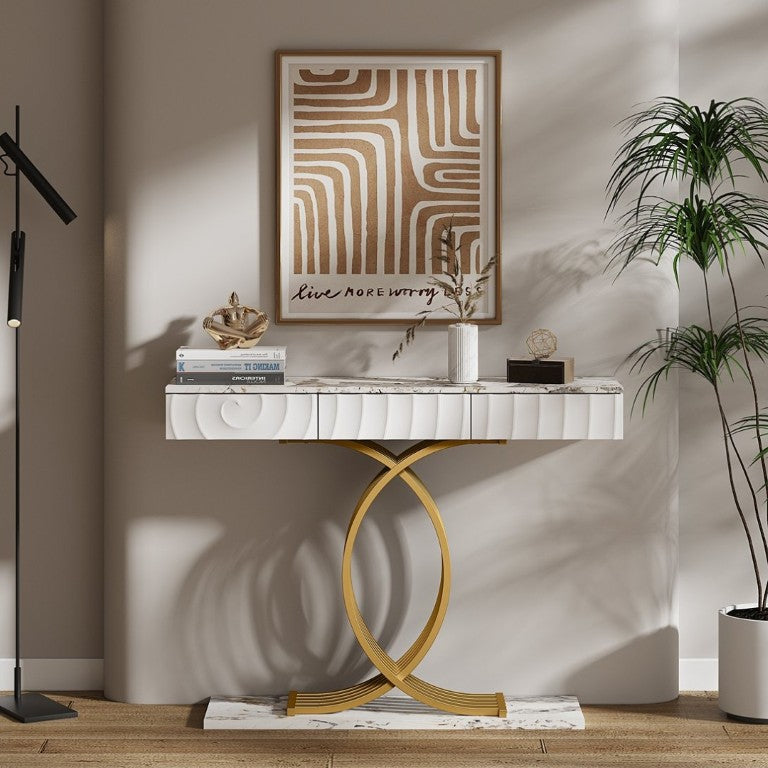 English Elm 47.3 Inch Slim Console Table Three Drawers Gold Geometric Base Glam Hallway Accent White+Gold W2263P505437