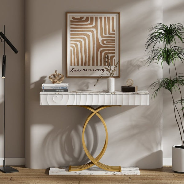 English Elm 47.3 Inch Slim Console Table Three Drawers Gold Geometric Base Glam Hallway Accent White+Gold W2263P505437