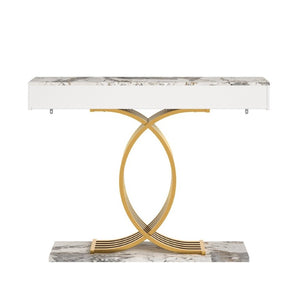 English Elm 47.3 Inch Slim Console Table Three Drawers Gold Geometric Base Glam Hallway Accent White+Gold W2263P505437