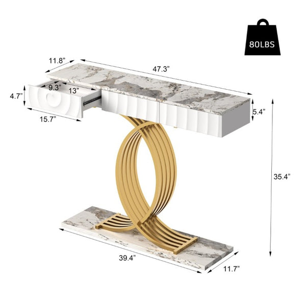 English Elm 47.3 Inch Slim Console Table Three Drawers Gold Geometric Base Glam Hallway Accent White+Gold W2263P505437
