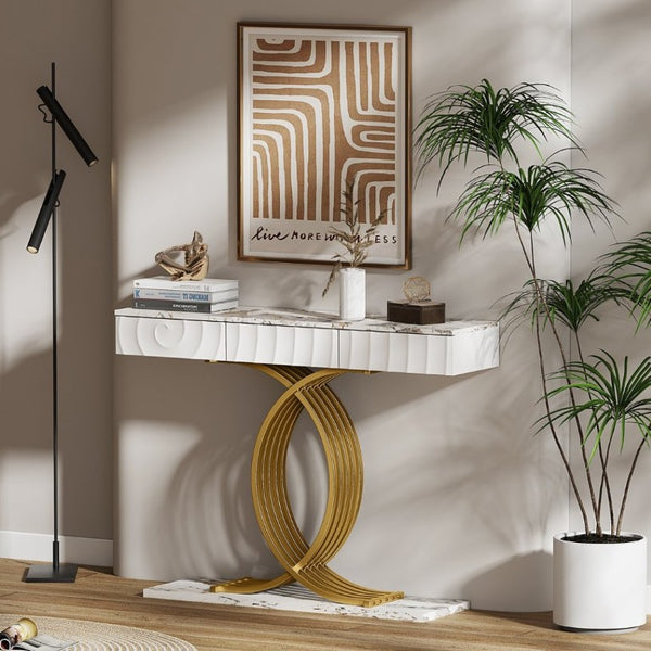 English Elm 47.3 Inch Slim Console Table Three Drawers Gold Geometric Base Glam Hallway Accent White+Gold W2263P505437