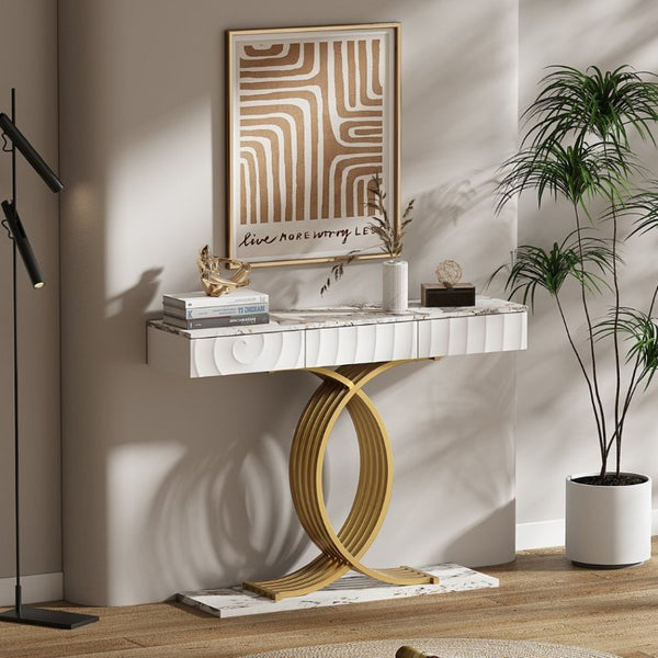 English Elm 47.3 Inch Slim Console Table Three Drawers Gold Geometric Base Glam Hallway Accent White+Gold W2263P505437