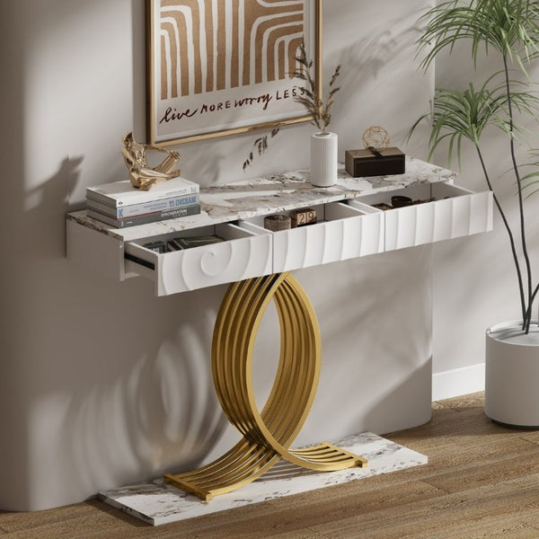 English Elm 47.3 Inch Slim Console Table Three Drawers Gold Geometric Base Glam Hallway Accent White+Gold W2263P505437