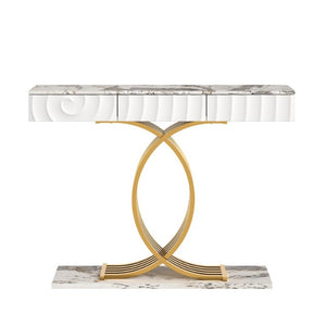 English Elm 47.3 Inch Slim Console Table Three Drawers Gold Geometric Base Glam Hallway Accent White+Gold W2263P505437