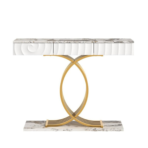 English Elm 47.3 Inch Slim Console Table Three Drawers Gold Geometric Base Glam Hallway Accent White+Gold W2263P505437