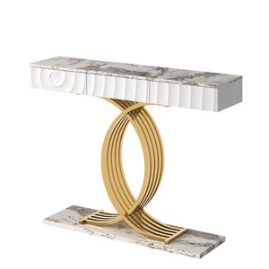 English Elm 47.3 Inch Slim Console Table Three Drawers Gold Geometric Base Glam Hallway Accent White+Gold W2263P505437
