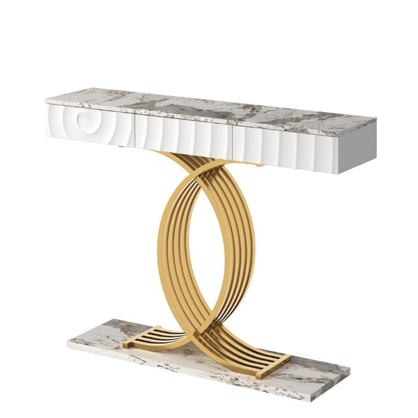 English Elm 47.3 Inch Slim Console Table Three Drawers Gold Geometric Base Glam Hallway Accent White+Gold W2263P505437