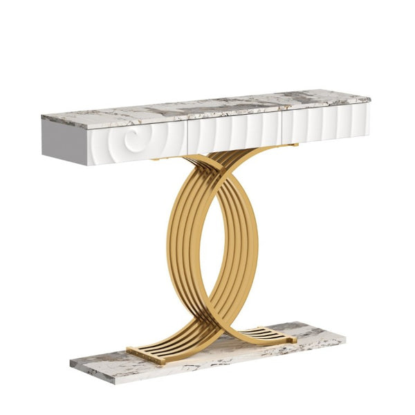 English Elm 47.3 Inch Slim Console Table Three Drawers Gold Geometric Base Glam Hallway Accent White+Gold W2263P505437
