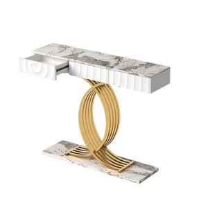 English Elm 47.3 Inch Slim Console Table Three Drawers Gold Geometric Base Glam Hallway Accent White+Gold W2263P505437