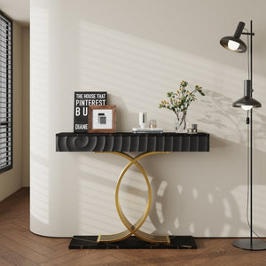 English Elm 47.3 Inch Slim Console Table Three Drawers Gold Geometric Base Glam Hallway Accent Black+Gold W2263P505438
