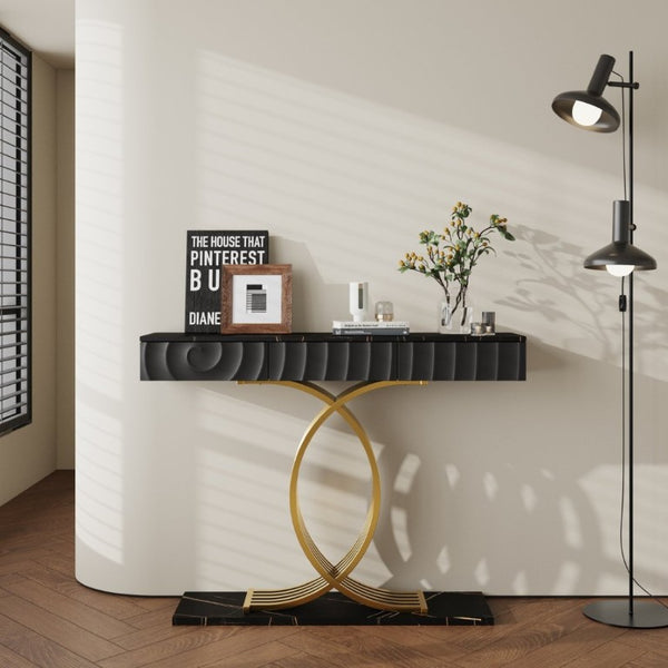 English Elm 47.3 Inch Slim Console Table Three Drawers Gold Geometric Base Glam Hallway Accent Black+Gold W2263P505438