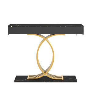 English Elm 47.3 Inch Slim Console Table Three Drawers Gold Geometric Base Glam Hallway Accent Black+Gold W2263P505438