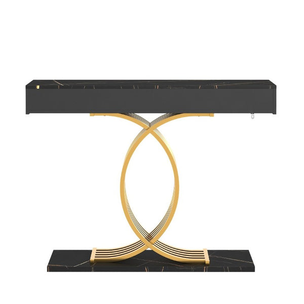 English Elm 47.3 Inch Slim Console Table Three Drawers Gold Geometric Base Glam Hallway Accent Black+Gold W2263P505438