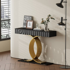 English Elm 47.3 Inch Slim Console Table Three Drawers Gold Geometric Base Glam Hallway Accent Black+Gold W2263P505438