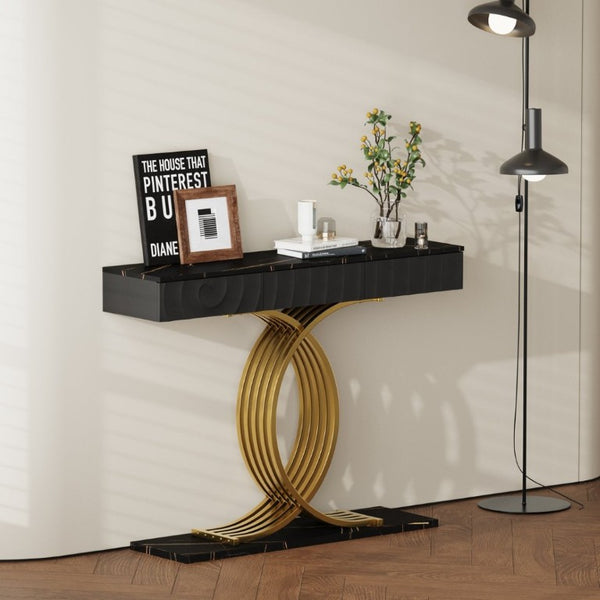 English Elm 47.3 Inch Slim Console Table Three Drawers Gold Geometric Base Glam Hallway Accent Black+Gold W2263P505438