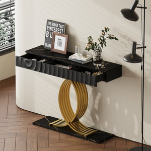 English Elm 47.3 Inch Slim Console Table Three Drawers Gold Geometric Base Glam Hallway Accent Black+Gold W2263P505438