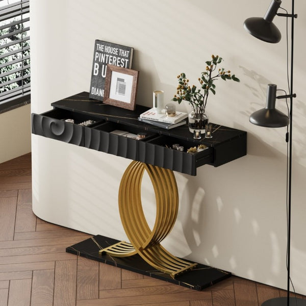 English Elm 47.3 Inch Slim Console Table Three Drawers Gold Geometric Base Glam Hallway Accent Black+Gold W2263P505438