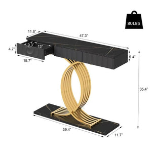 English Elm 47.3 Inch Slim Console Table Three Drawers Gold Geometric Base Glam Hallway Accent Black+Gold W2263P505438