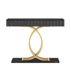 English Elm 47.3 Inch Slim Console Table Three Drawers Gold Geometric Base Glam Hallway Accent Black+Gold W2263P505438