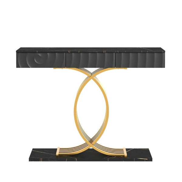 English Elm 47.3 Inch Slim Console Table Three Drawers Gold Geometric Base Glam Hallway Accent Black+Gold W2263P505438