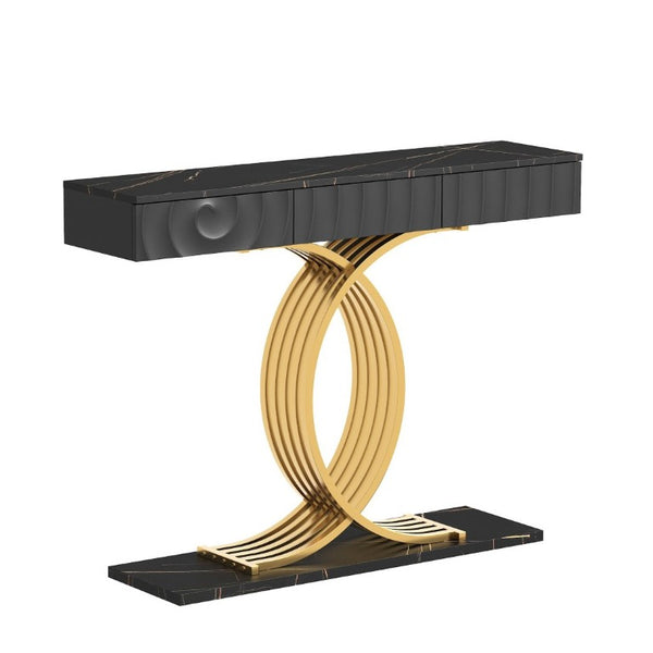 English Elm 47.3 Inch Slim Console Table Three Drawers Gold Geometric Base Glam Hallway Accent Black+Gold W2263P505438