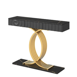 English Elm 47.3 Inch Slim Console Table Three Drawers Gold Geometric Base Glam Hallway Accent Black+Gold W2263P505438